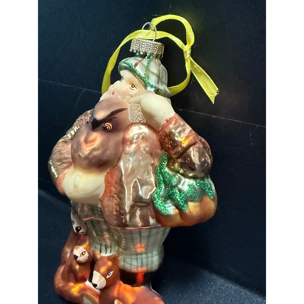 Dillards Woodland Santa Owl Foxes Glass Christmas Ornament Plaid Pants Glitter